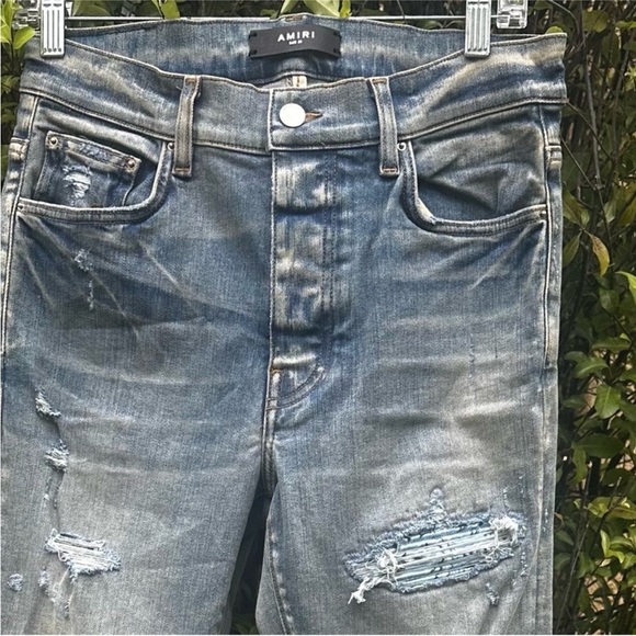 AMIRI MX1 Distressed Jeans Blue Bandana Paisley Patch Underlay Size 31 Like New! - Picture 2 of 16